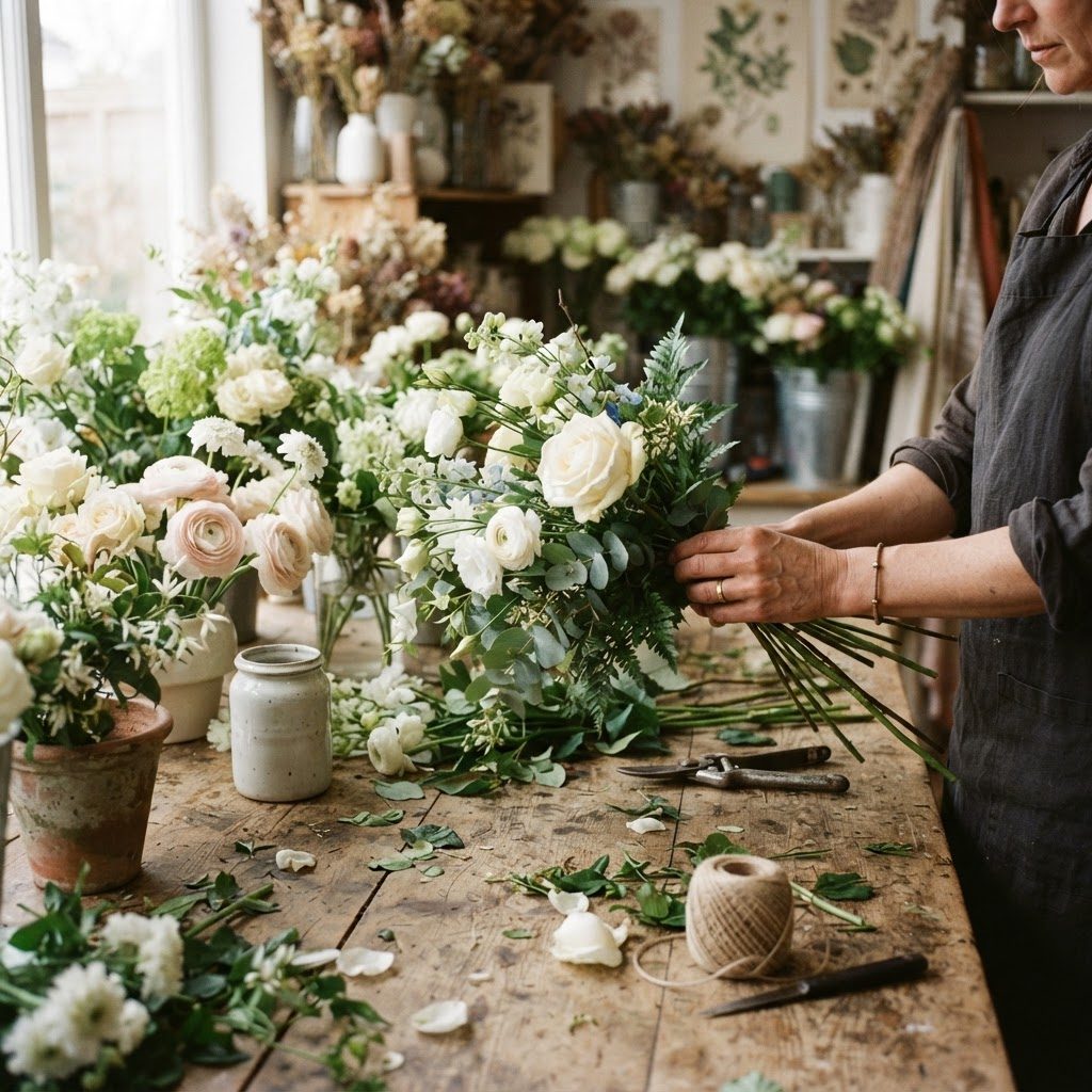 Perangkai bunga Anzalia Florist sedang menyusun rangkaian
